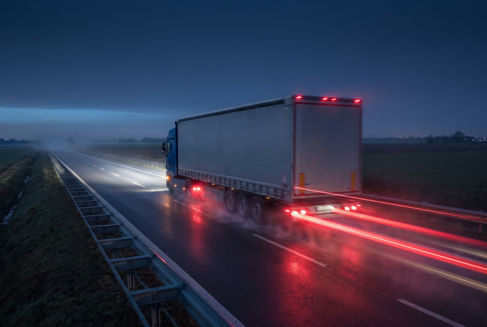 Un bilico che parte di notte sull'autostrada bagnata, con le scie rosse dei fanali